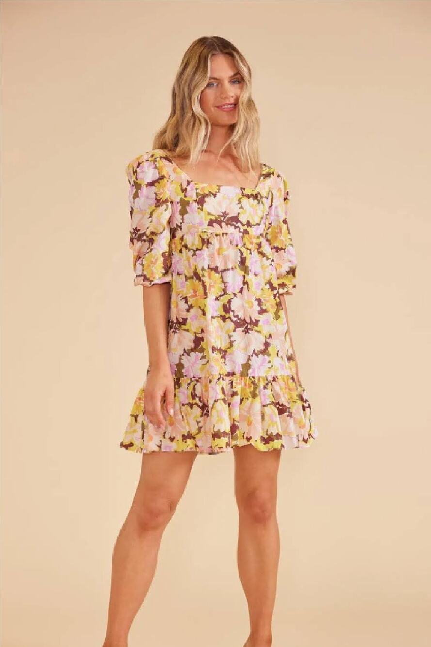 MinkPink Floral Zoey Tie Back Puff Sleeve Square Neck Mini Dress Size M